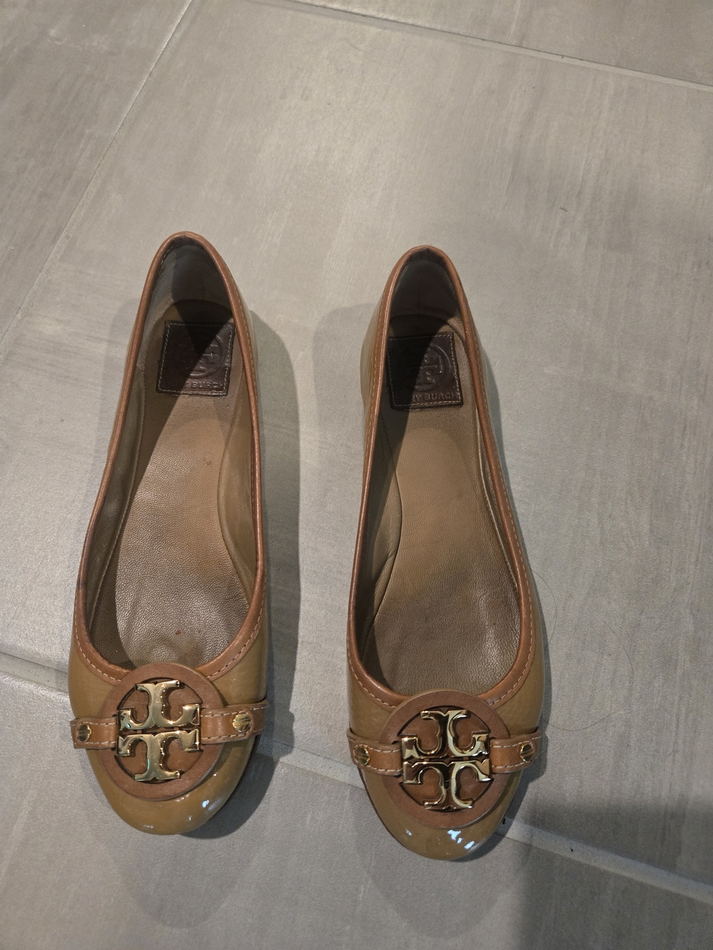 Tory Burch Tan Patent Leather Logo Ballet Flats